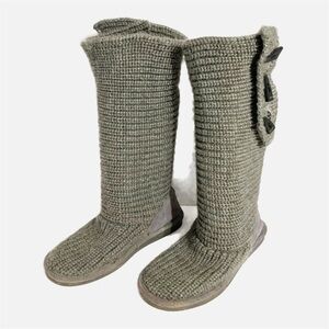 Bearpaw Knit Suede Leather Pull On Sock Boots Mid Calf Button Detailing Gray 8